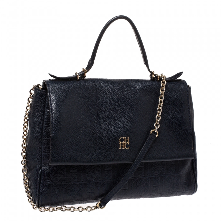 Pre Owned Carolina Herrera Navy Blue Leather Minueto Flap Bag