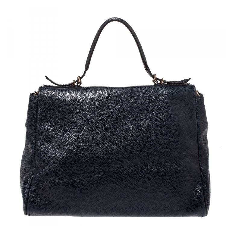 Pre Owned Carolina Herrera Navy Blue Leather Minueto Flap Bag