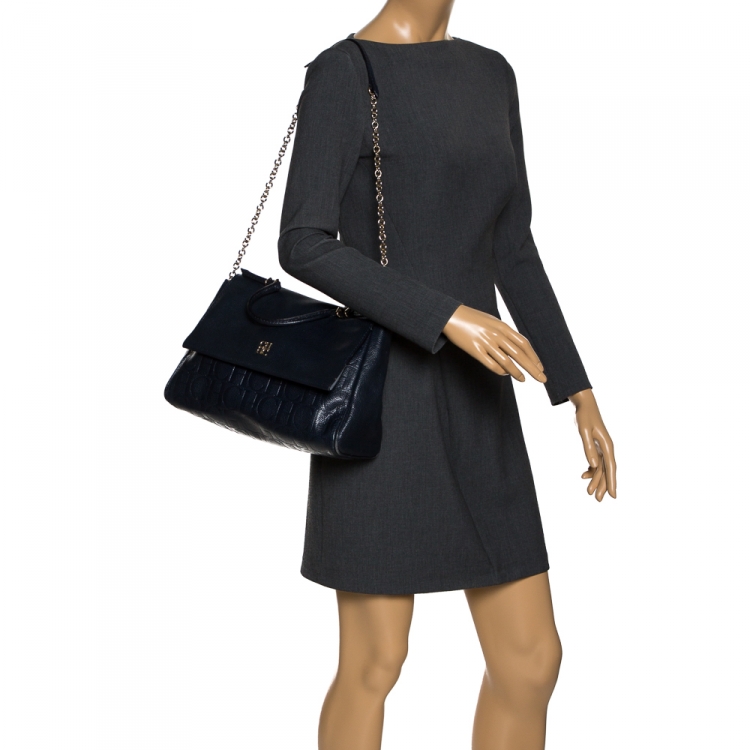 Pre Owned Carolina Herrera Navy Blue Leather Minueto Flap Bag