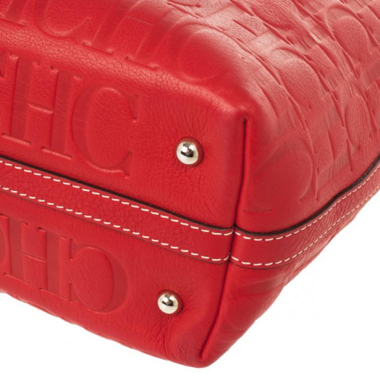 Pre Owned Carolina Herrera Red Embossed Leather Shopping Collection Tote 