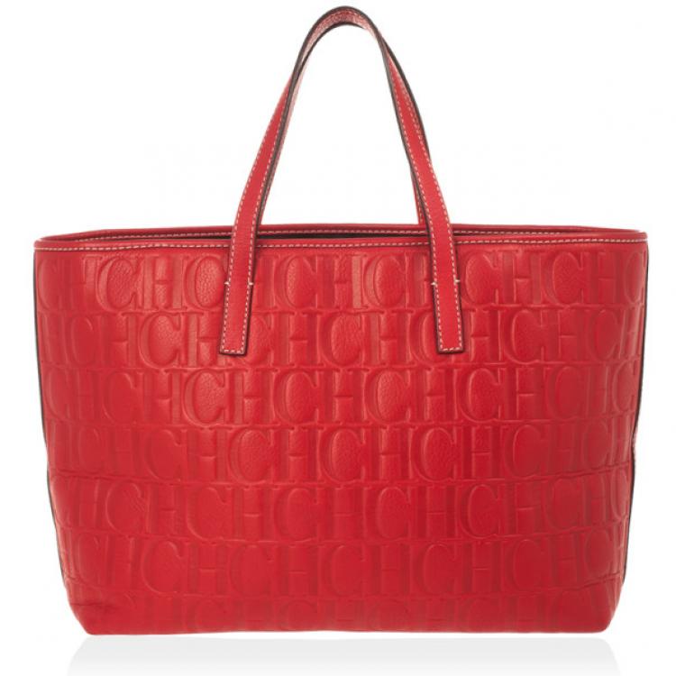 Pre Owned Carolina Herrera Red Embossed Leather Shopping Collection Tote 