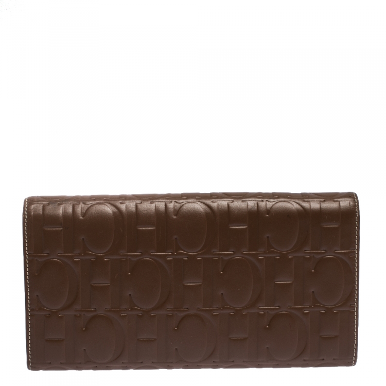 Pre Owned Carolina Herrera Brown Monogram Leather Continental Wallet