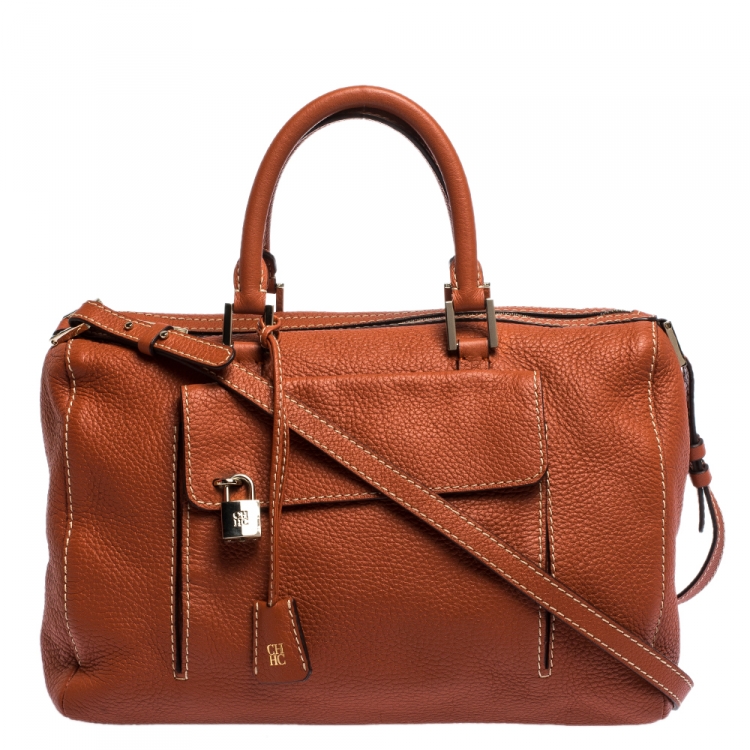 Pre Owned Carolina Herrera Cinnamon Brown Leather Front Pocket Satchel