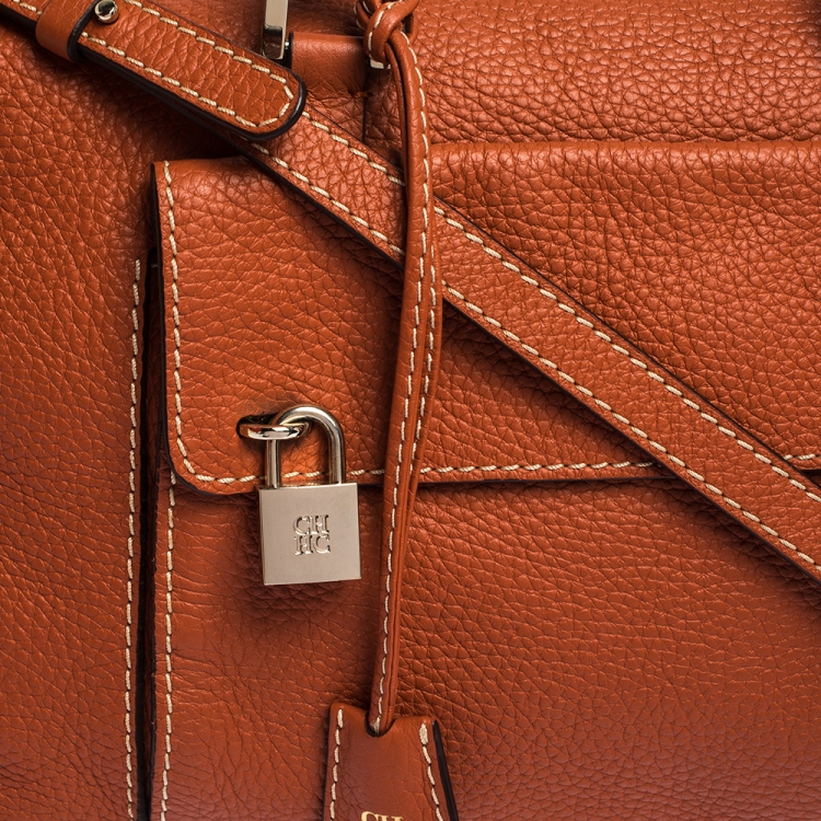 Pre Owned Carolina Herrera Cinnamon Brown Leather Front Pocket Satchel