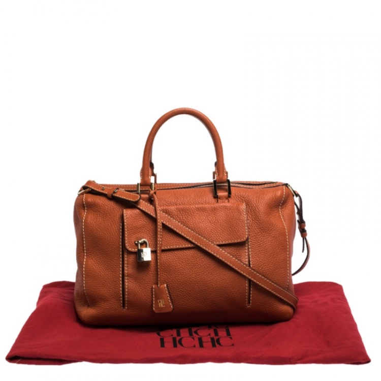 Pre Owned Carolina Herrera Cinnamon Brown Leather Front Pocket Satchel