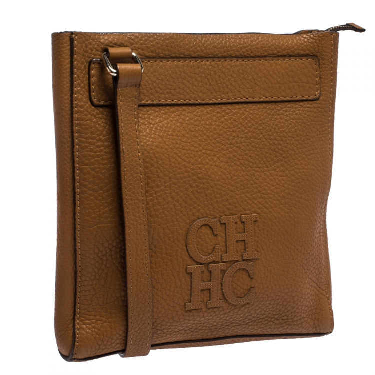 Pre Owned Carolina Herrera Brown Leather Top Zip Crossbody Bag