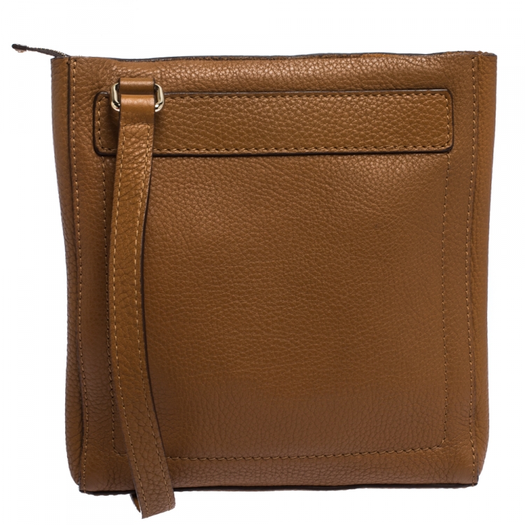 Pre Owned Carolina Herrera Brown Leather Top Zip Crossbody Bag