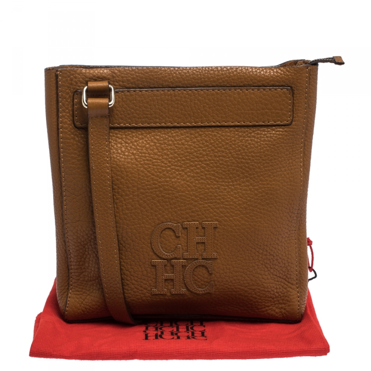 Pre Owned Carolina Herrera Brown Leather Top Zip Crossbody Bag