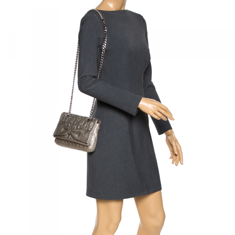 Pre Owned Carolina Herrera Grey Monogram Leather Audrey Shoulder Bag