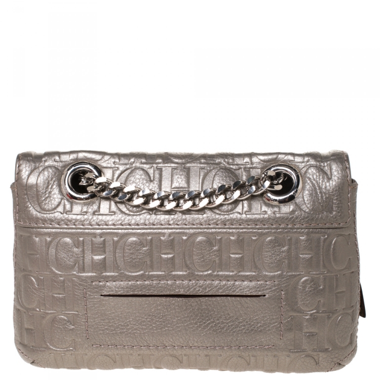 Pre Owned Carolina Herrera Grey Monogram Leather Audrey Shoulder Bag