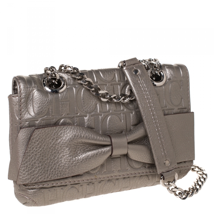 Pre Owned Carolina Herrera Grey Monogram Leather Audrey Shoulder Bag