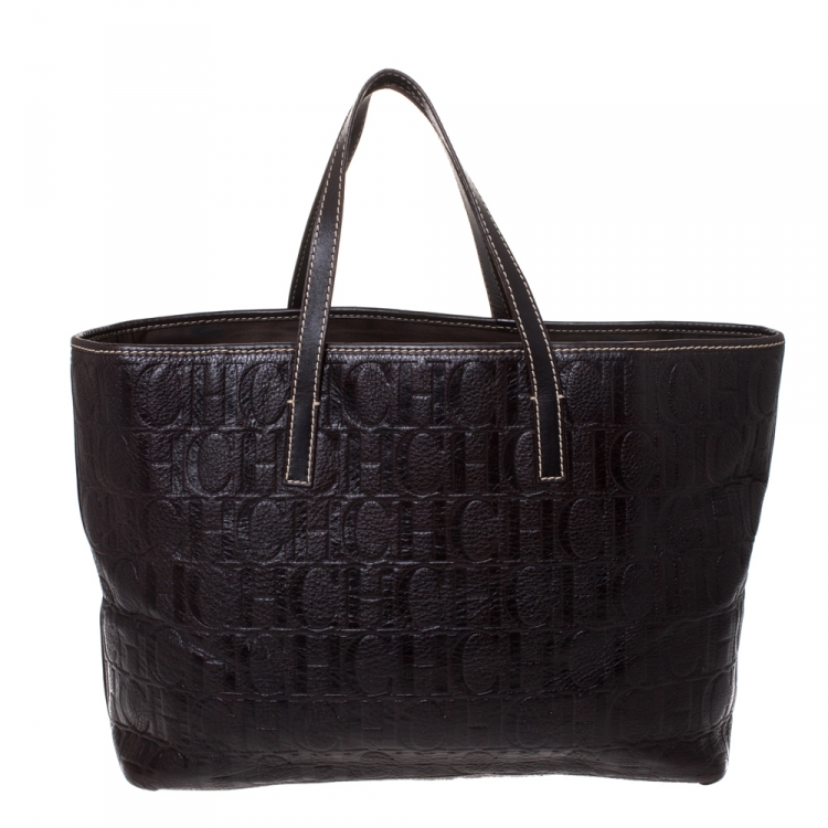 Pre Owned Carolina Herrera Dark Brown Monogram Embossed Leather Tote