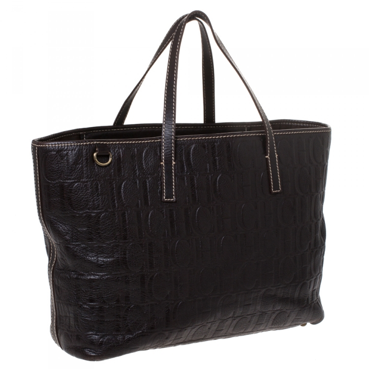 Pre Owned Carolina Herrera Dark Brown Monogram Embossed Leather Tote