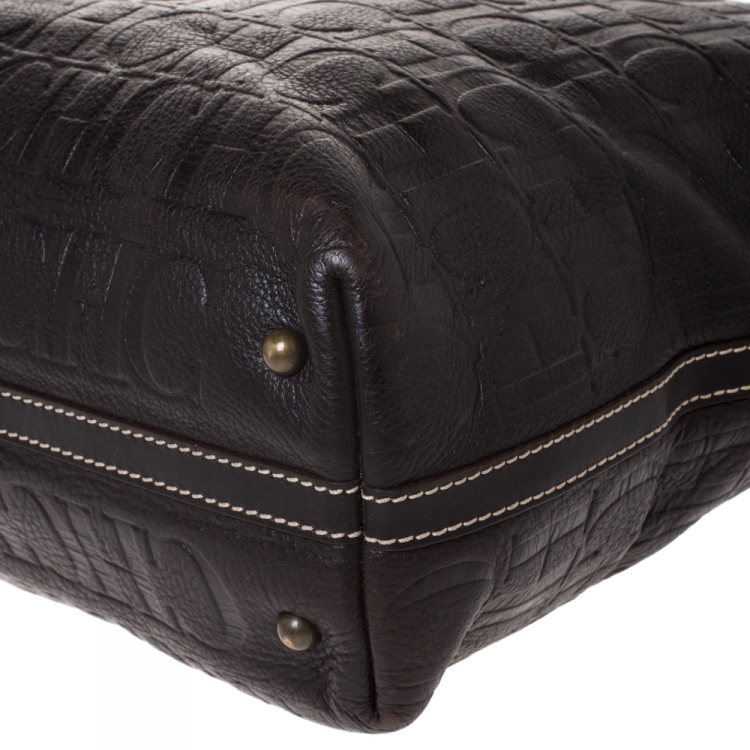 Pre Owned Carolina Herrera Dark Brown Monogram Embossed Leather Tote