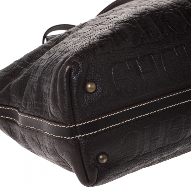 Pre Owned Carolina Herrera Dark Brown Monogram Embossed Leather Tote