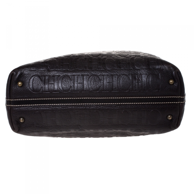 Pre Owned Carolina Herrera Dark Brown Monogram Embossed Leather Tote