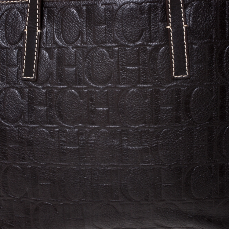 Pre Owned Carolina Herrera Dark Brown Monogram Embossed Leather Tote