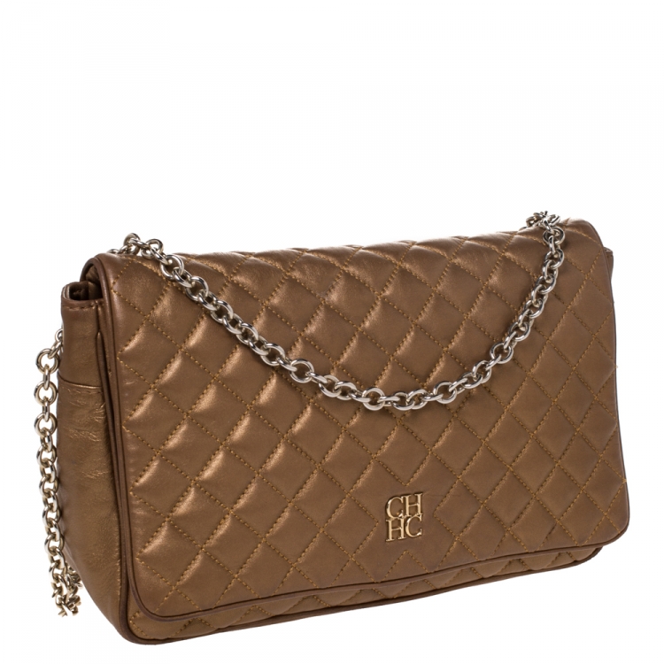 Pre Owned Carolina Herrera Bronze Quilted Leather Flap Chain Shoulder Bag