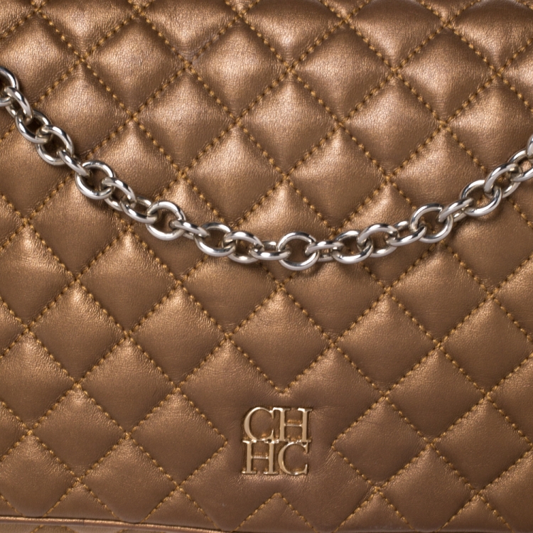 Pre Owned Carolina Herrera Bronze Quilted Leather Flap Chain Shoulder Bag