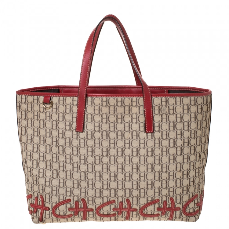 Pre Owned Carolina Herrera Beige/Red Monogram Canvas and Leather Logo Patch Tote