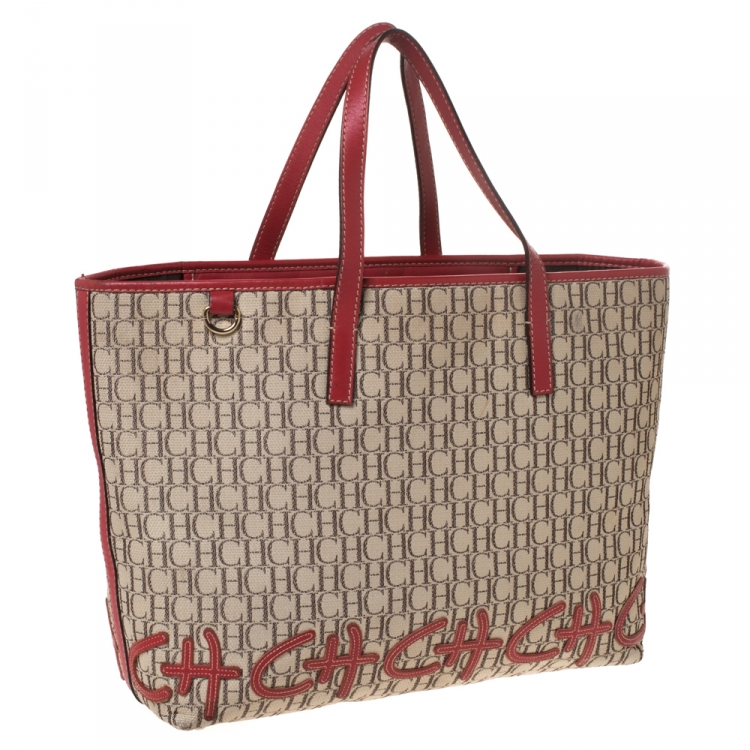 Pre Owned Carolina Herrera Beige/Red Monogram Canvas and Leather Logo Patch Tote