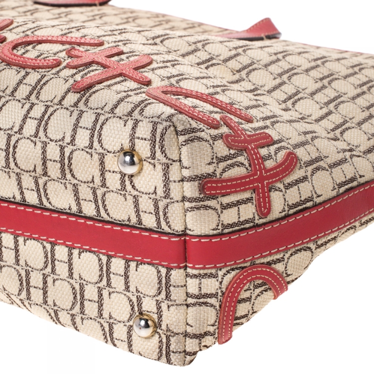 Pre Owned Carolina Herrera Beige/Red Monogram Canvas and Leather Logo Patch Tote