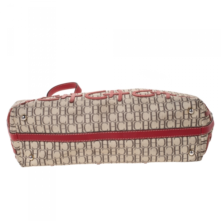 Pre Owned Carolina Herrera Beige/Red Monogram Canvas and Leather Logo Patch Tote