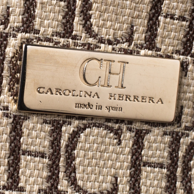 Pre Owned Carolina Herrera Beige/Red Monogram Canvas and Leather Logo Patch Tote