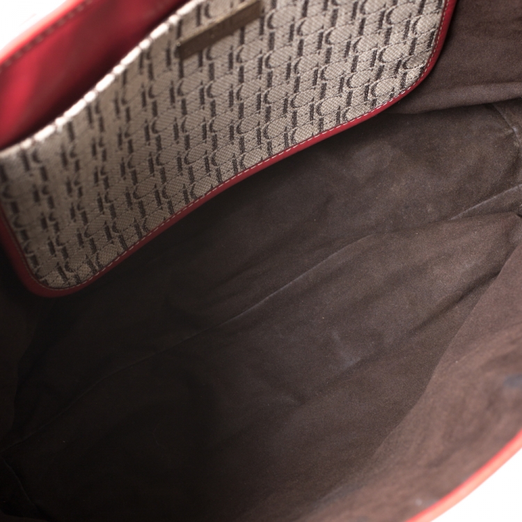 Pre Owned Carolina Herrera Beige/Red Monogram Canvas and Leather Logo Patch Tote