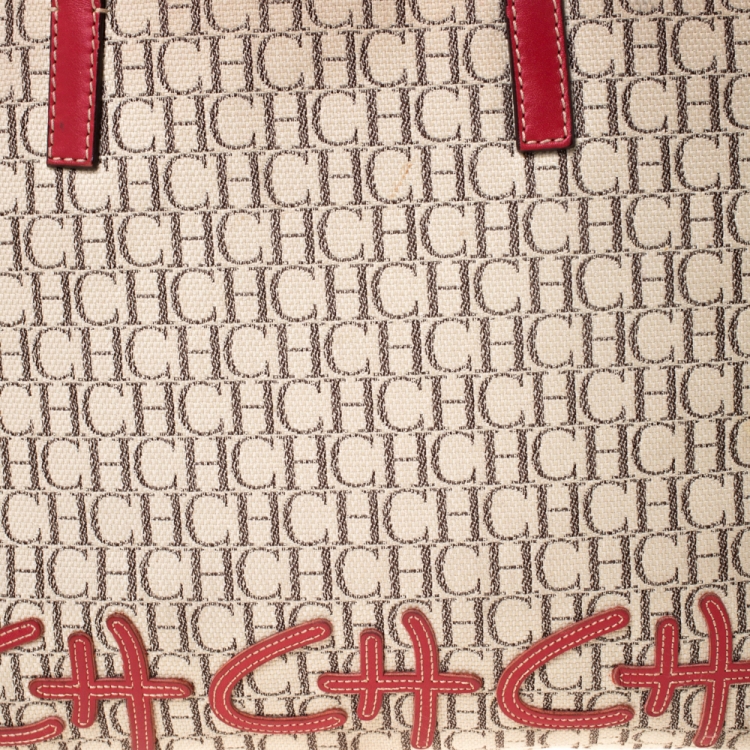 Pre Owned Carolina Herrera Beige/Red Monogram Canvas and Leather Logo Patch Tote