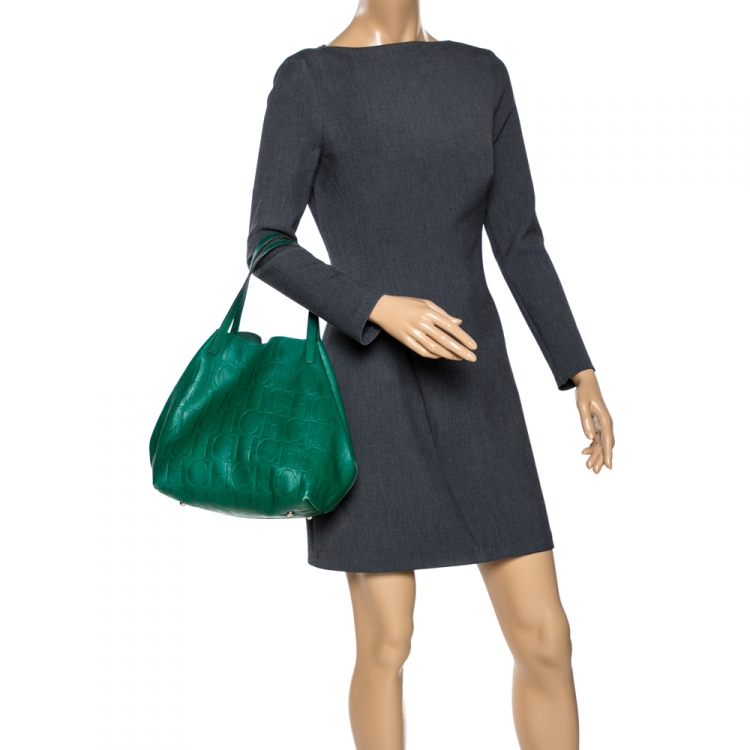 Pre Owned Carolina Herrera Green Monogram Leather Matryoshka Tote