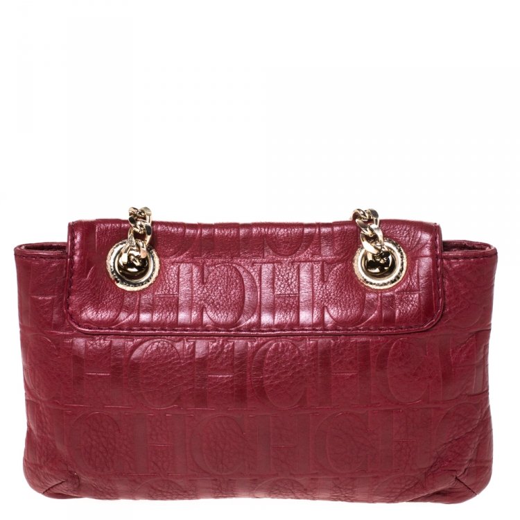 Pre Owned Carolina Herrera Burgundy Monogram Leather Audrey Shoulder Bag