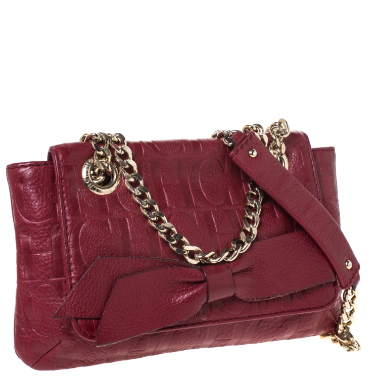 Pre Owned Carolina Herrera Burgundy Monogram Leather Audrey Shoulder Bag