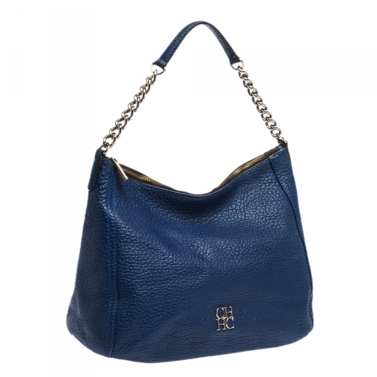 Pre Owned Carolina Herrera Blue Leather Chain Hobo