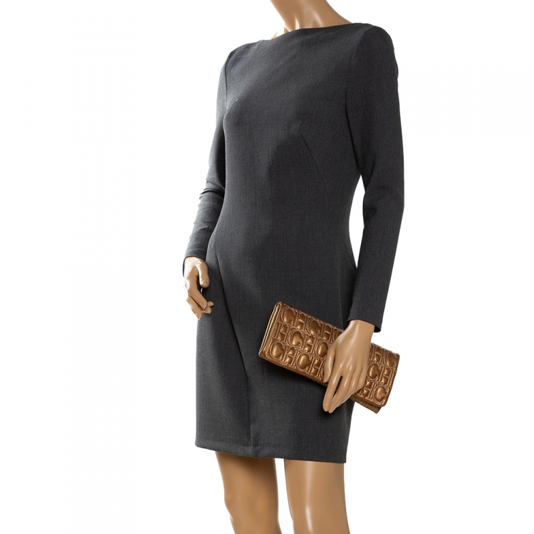 Pre Owned Carolina Herrera Gold Monogram Leather Flap Clutch