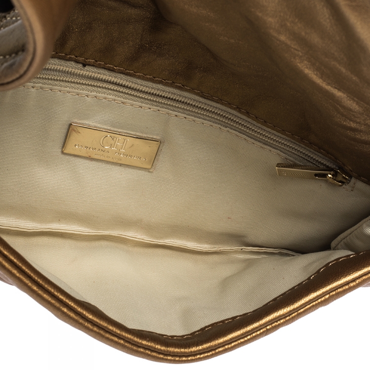 Pre Owned Carolina Herrera Gold Monogram Leather Flap Clutch