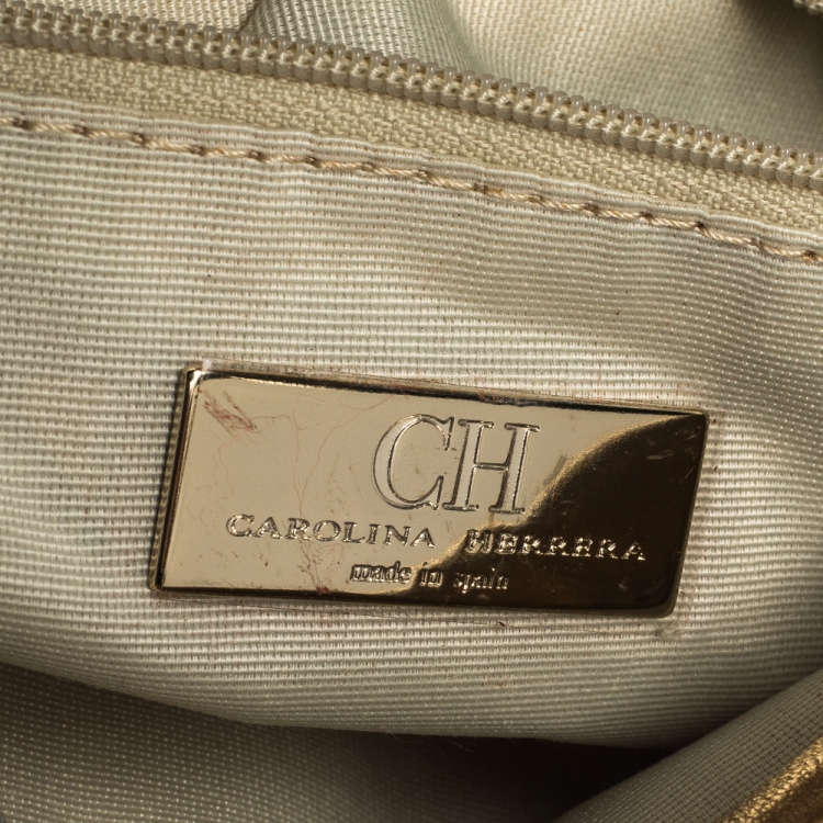 Pre Owned Carolina Herrera Gold Monogram Leather Flap Clutch