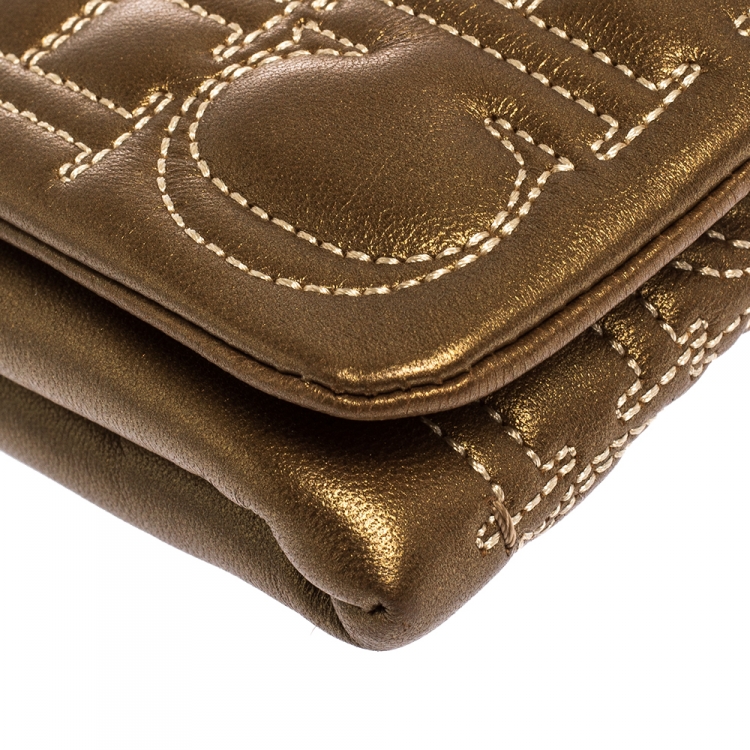 Pre Owned Carolina Herrera Gold Monogram Leather Flap Clutch
