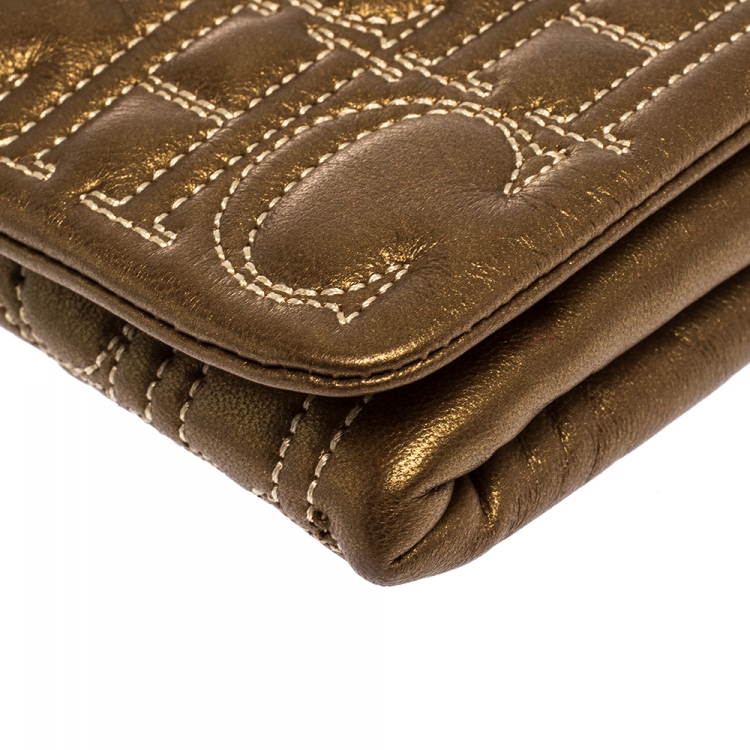 Pre Owned Carolina Herrera Gold Monogram Leather Flap Clutch