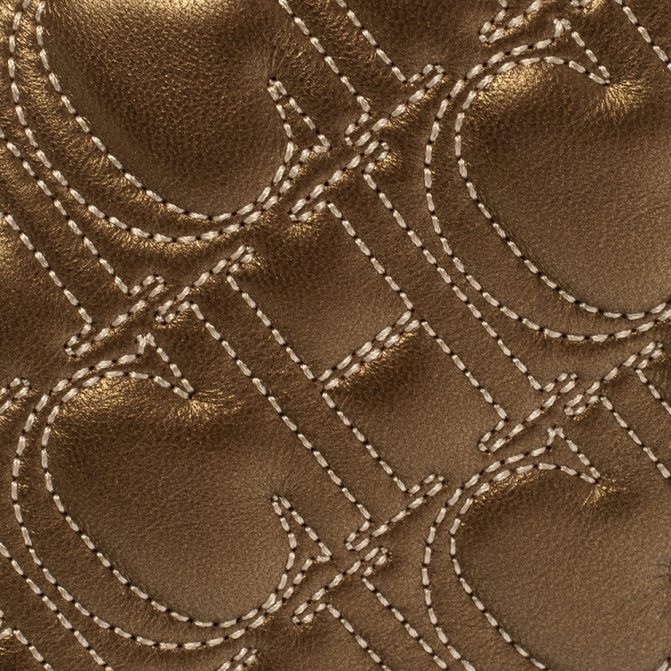 Pre Owned Carolina Herrera Gold Monogram Leather Flap Clutch