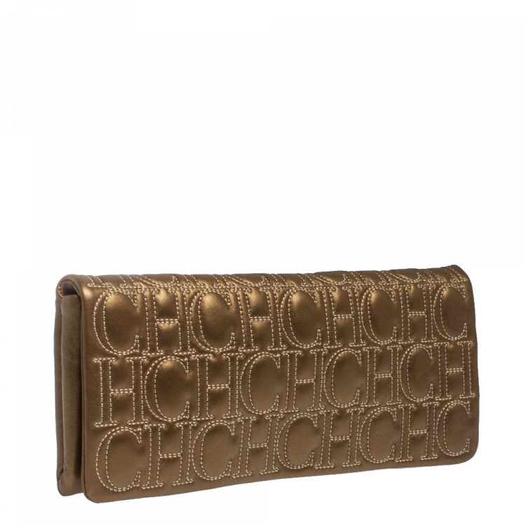 Pre Owned Carolina Herrera Gold Monogram Leather Flap Clutch