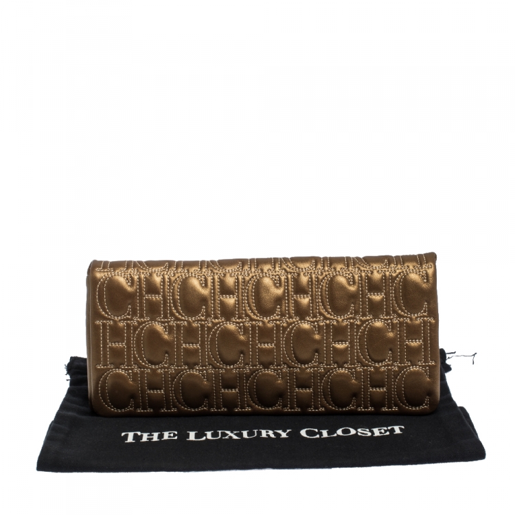 Pre Owned Carolina Herrera Gold Monogram Leather Flap Clutch
