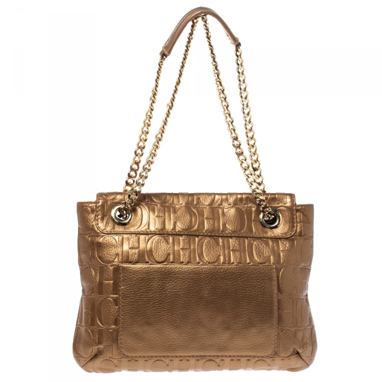 Pre Owned Carolina Herrera Gold Monogram Leather Audrey Shoulder Bag