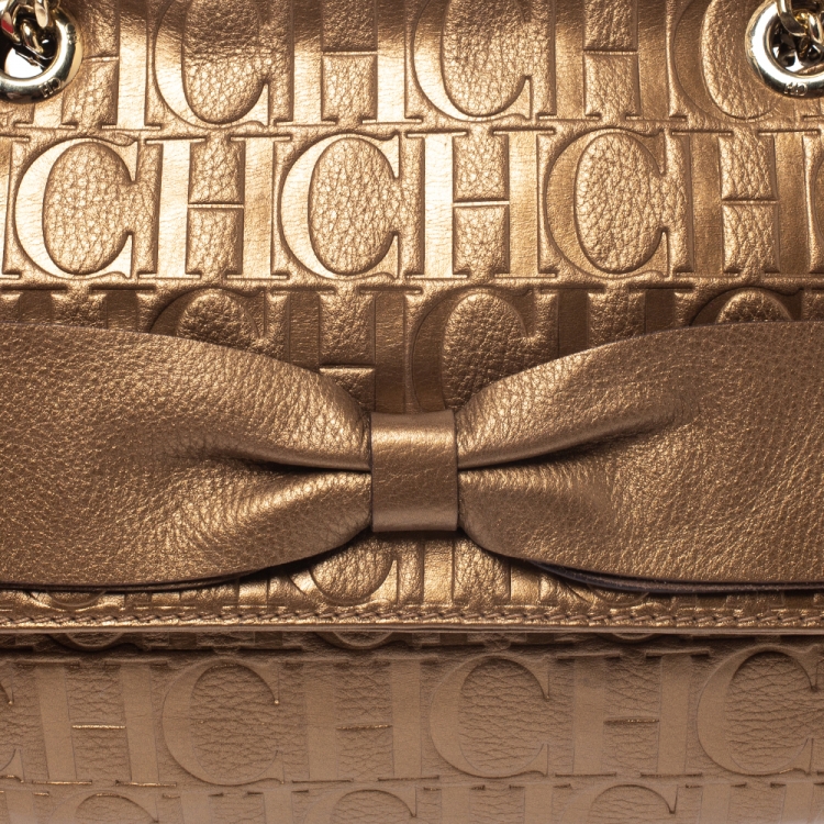 Pre Owned Carolina Herrera Gold Monogram Leather Audrey Shoulder Bag