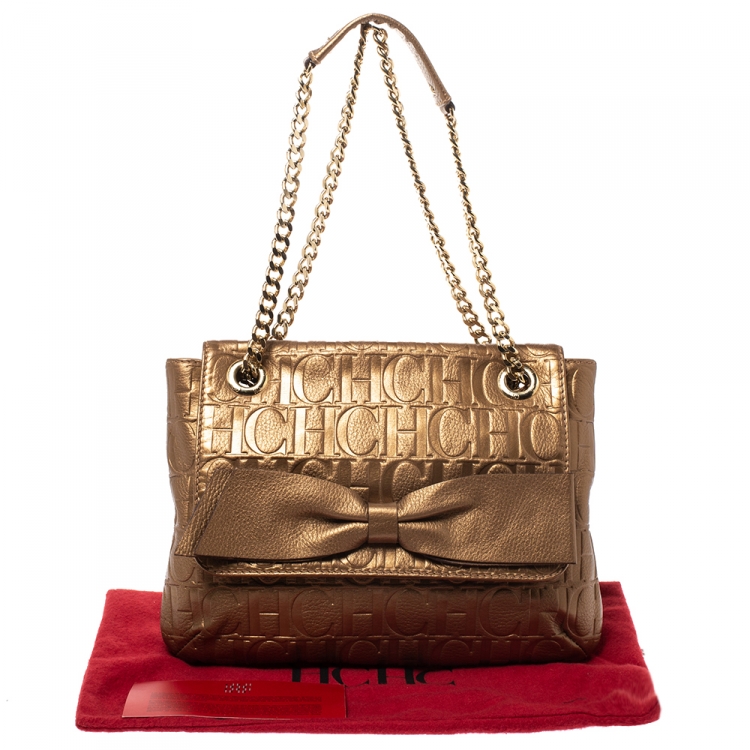 Pre Owned Carolina Herrera Gold Monogram Leather Audrey Shoulder Bag