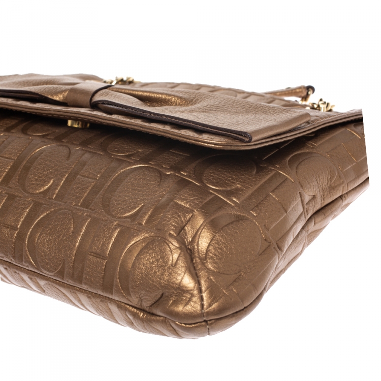 Pre Owned Carolina Herrera Gold Monogram Leather Audrey Shoulder Bag