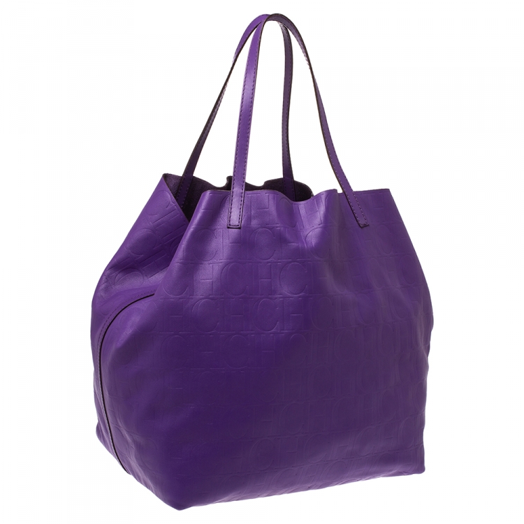 Pre Owned Carolina Herrera Purple Monogram Leather Shopper Tote
