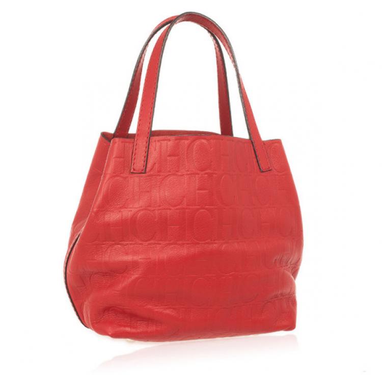 Pre Owned Carolina Herrera Red Monogram Embossed Extra Small Matryoshka Tote