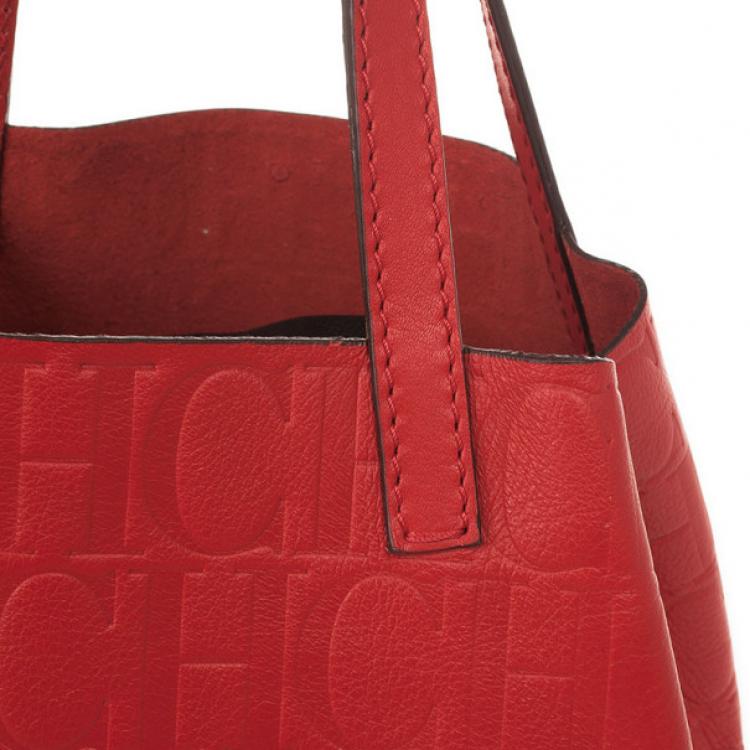 Pre Owned Carolina Herrera Red Monogram Embossed Extra Small Matryoshka Tote