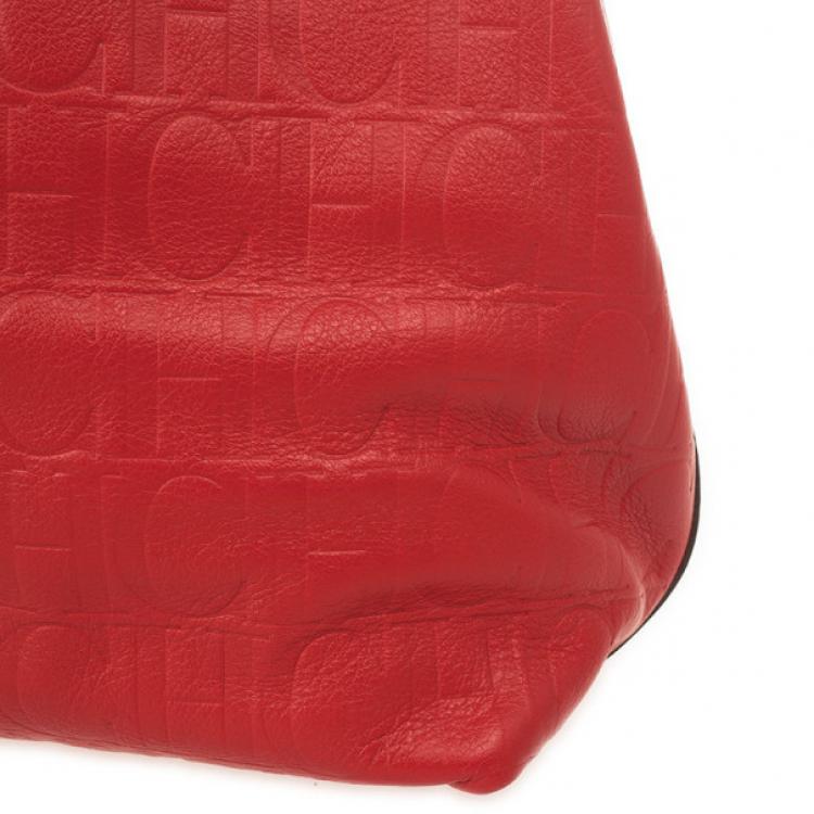 Pre Owned Carolina Herrera Red Monogram Embossed Extra Small Matryoshka Tote